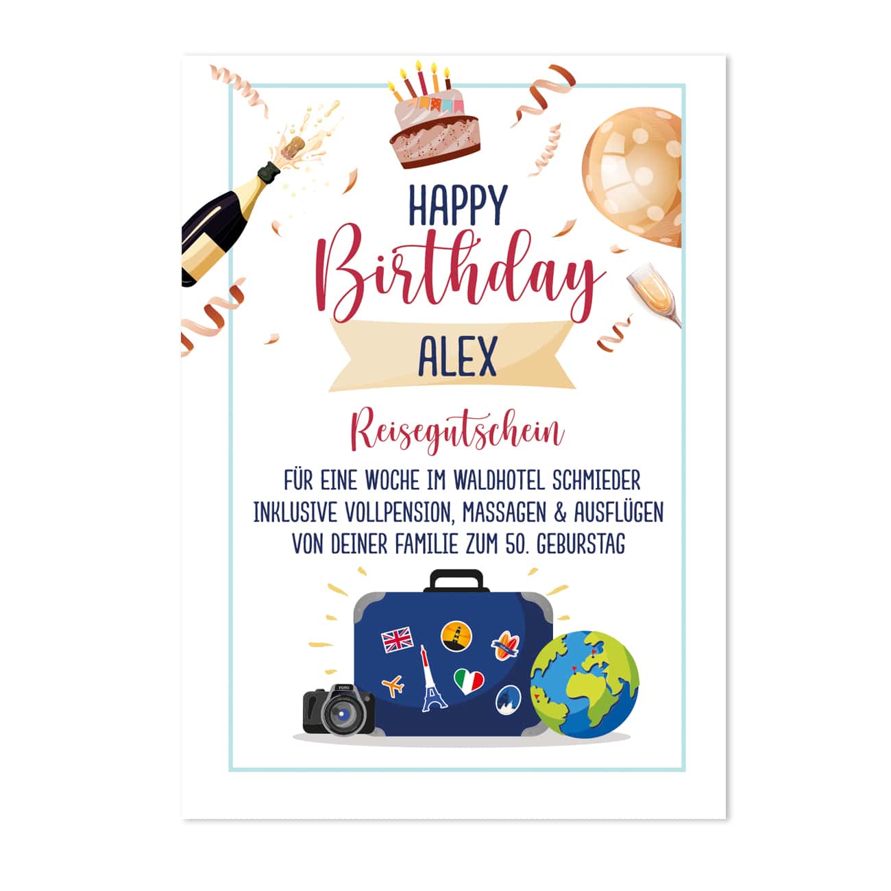 Große Klappkarte als Reisegutschein zum Geburtstag mit Wunschtextzeilen