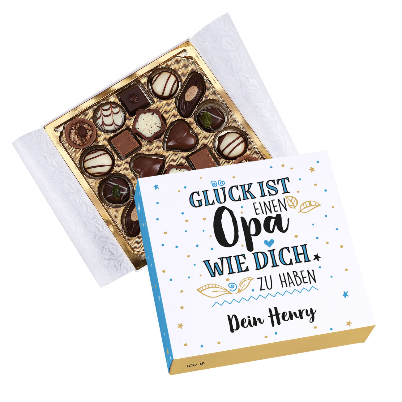 Tolle Geschenkidee für Opas - 100 g Lindt Pralinen mit persönlichem Wunschtext