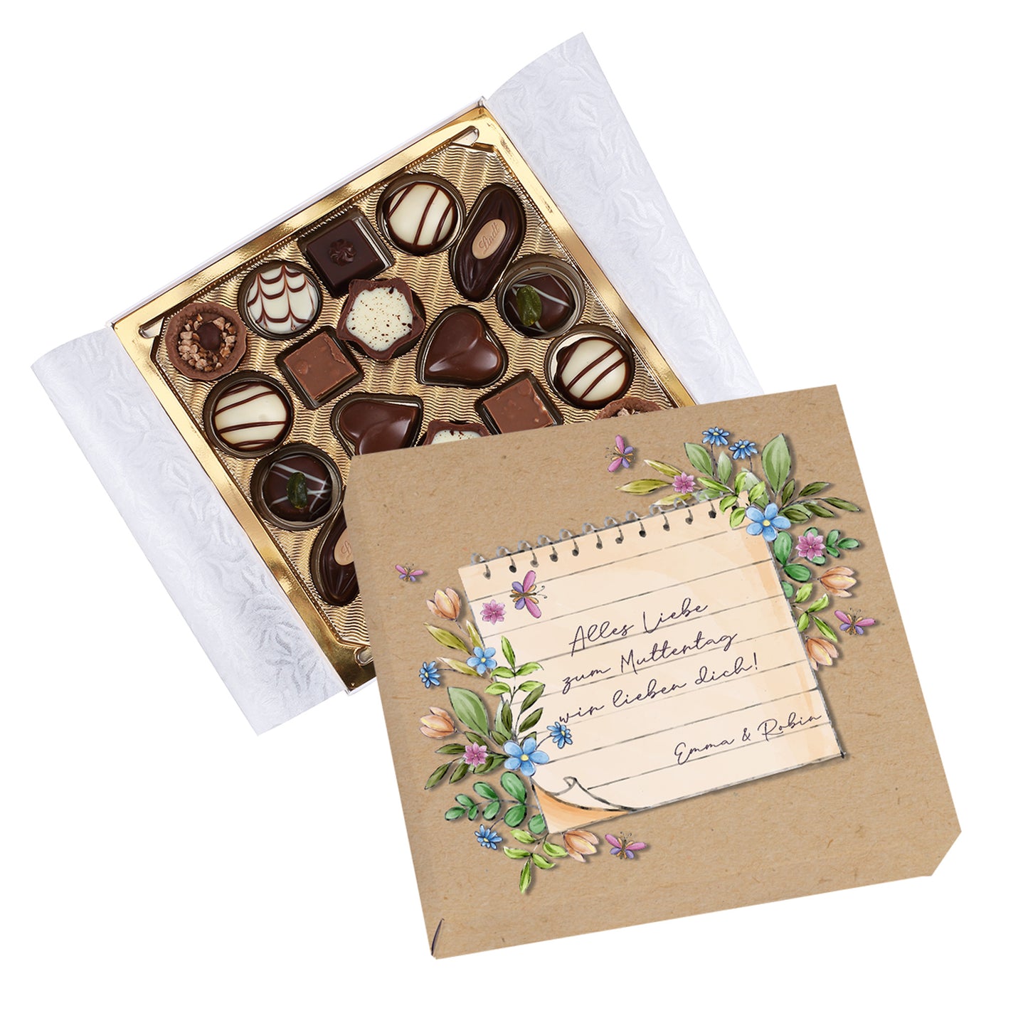 Geöffnete Lindt Pralinenbox mit personalisierter Muttertagsverpackung