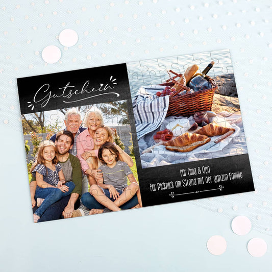 Geschenkgutschein - Puzzle mit 2 Fotos und Wunschtext