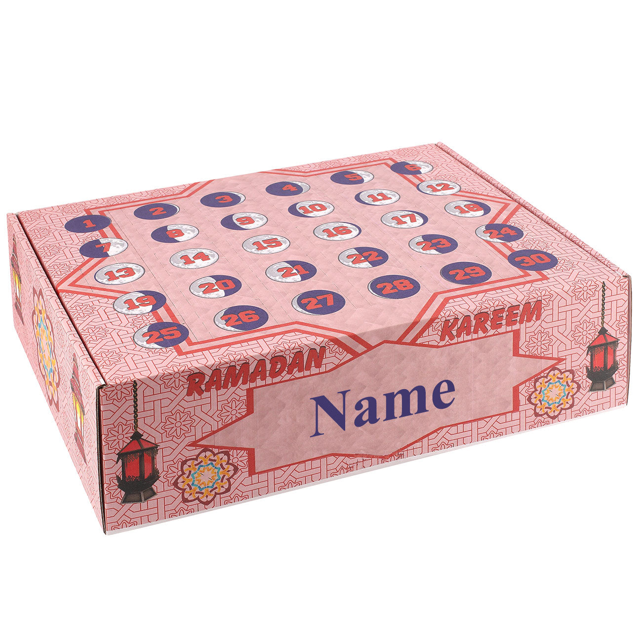 Kalender zum Ramadan bedruckt mit Laternen Blumenornamenten und Mondphasen freigestellt auf weißem Hintergrund