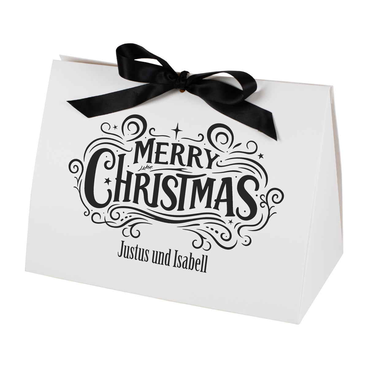 Personalisierte große Weihnachts-Geschenktasche mit „Merry Christmas“-Motiv und den Namen „Justus und Isabell“