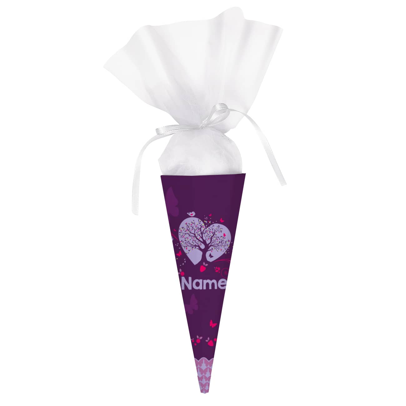 Schultüte in lila mit ihrem Wunschnamen bedruckt