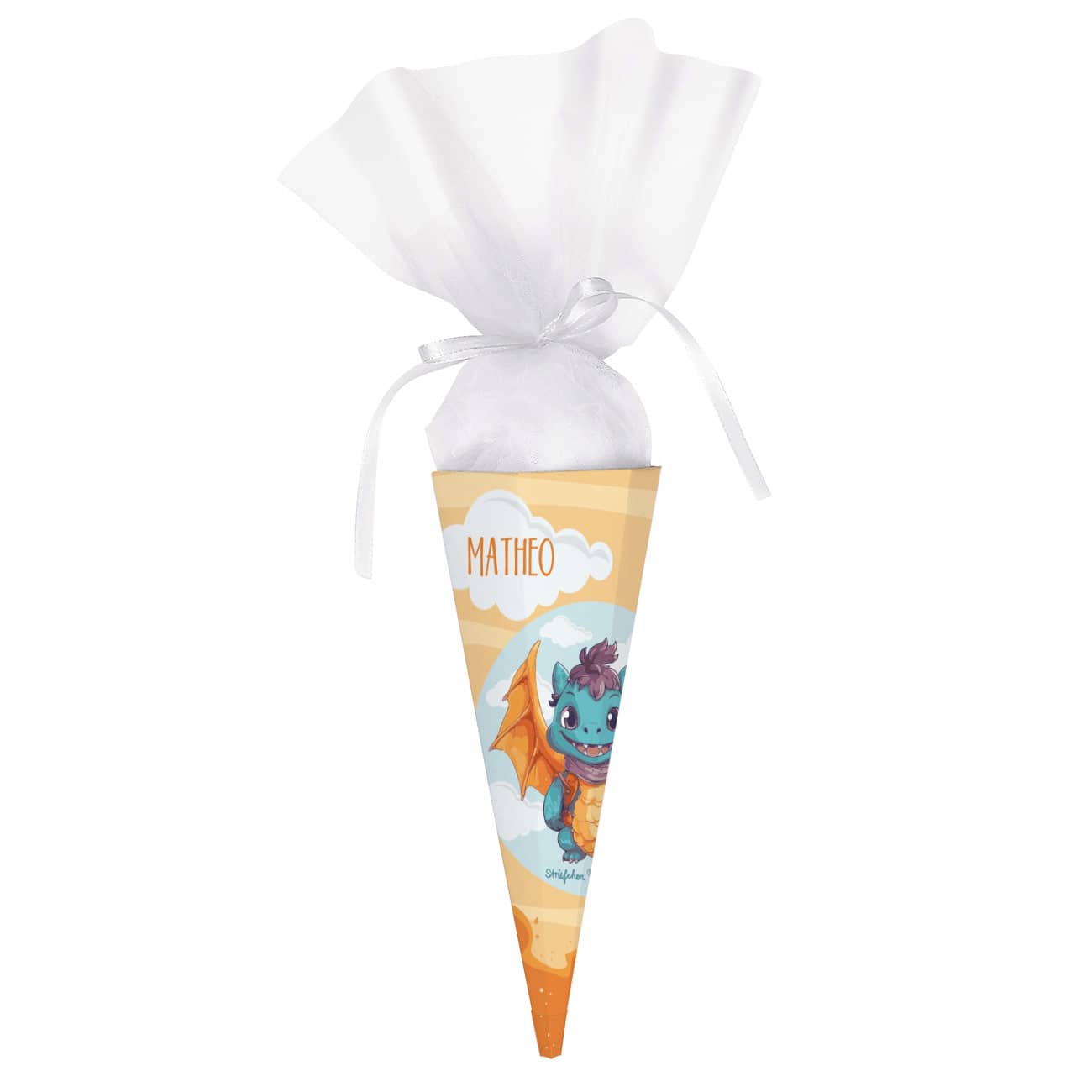 Geschwistertüte mit Drache, Wolken, kleinen Flammen und Ihrem Wunschnamen bedruckt