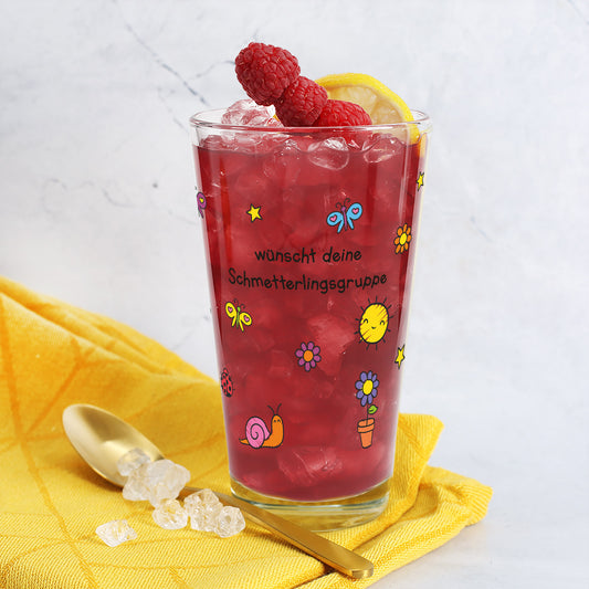 Trinkglas zum Abschied für Erzieher "Danke für die tolle Zeit!" mit Wunschtext und buntem Motiv