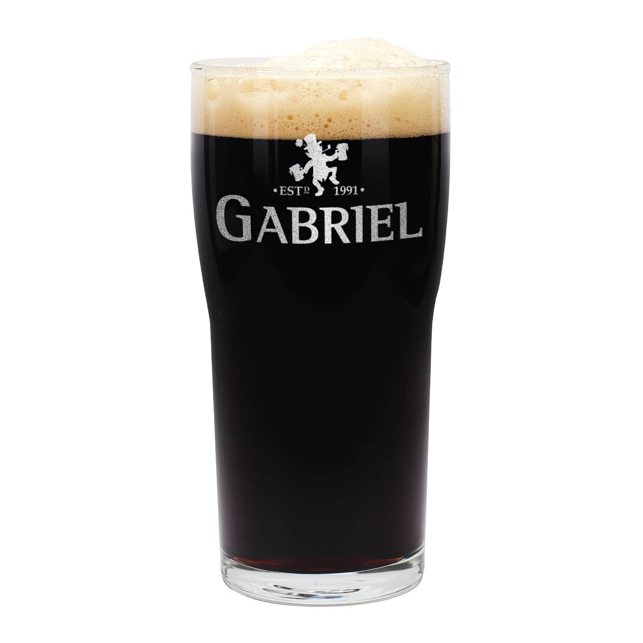 Hochwertig gravierter Pint mit Kobold, Jahr und Name als Motiv