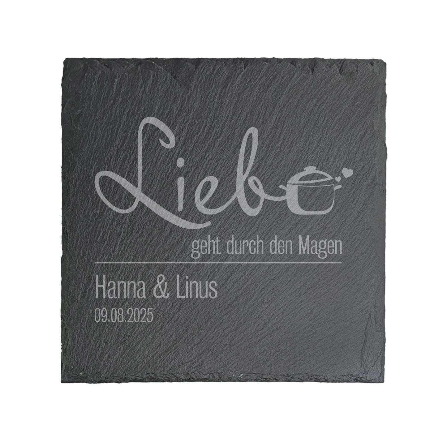 Freigestellte Platte auf weißem Hintergrund – klarer Fokus auf Gravur