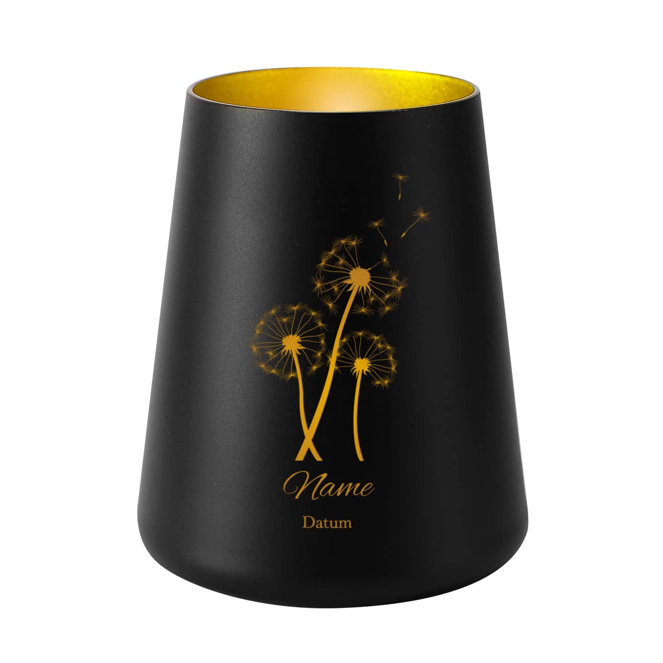 Windlicht zur Trauer in Schwarz mit personalisierter Gravur von Name und Datum