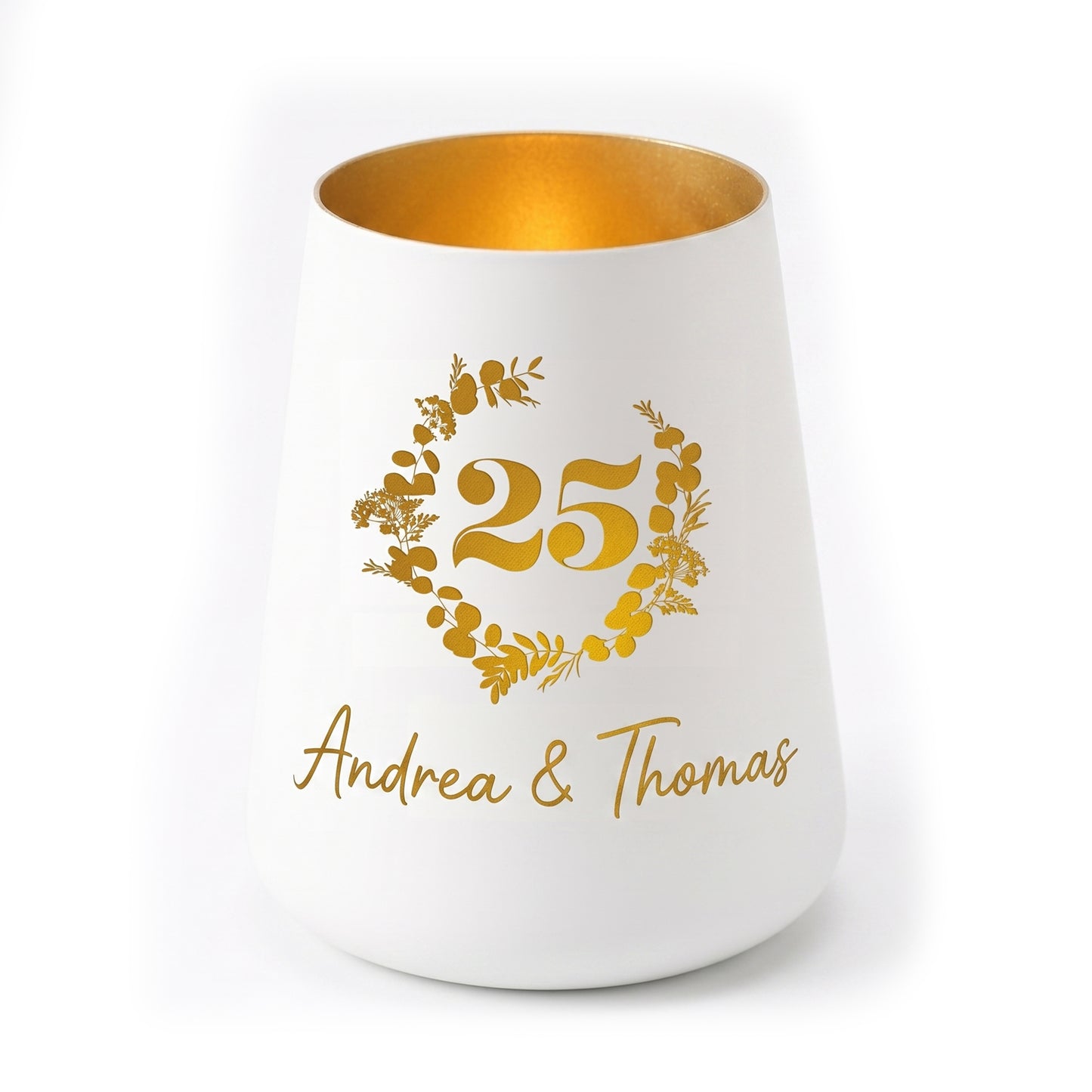 Personalisiertes weißes Windlicht zur Silberhochzeit mit goldener 25, floralem Kranz und Namen Andrea & Thomas