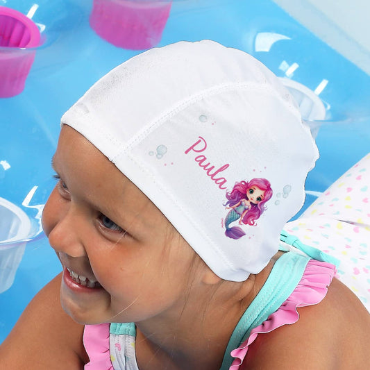 Kinderbadekappe mit Meerjungfrauen-Motiv und Name bedruckt