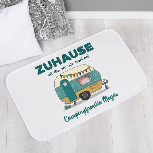 Camping Badteppich mit Wohnwagen und Wunschtext