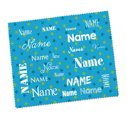 Blaues Brillenputztuch mit Ihrem Namen in verschiedenen Schriftarten