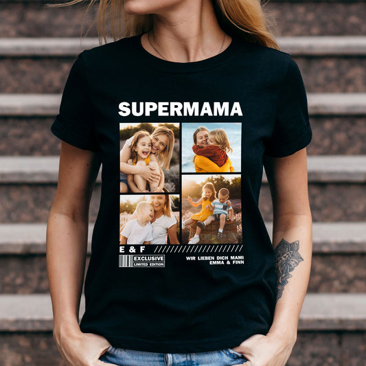 Personalisierbares Damen-T-Shirt mit vier Fotos und Wunschtext – Modell frontal getragen. Beispiel: Supermama