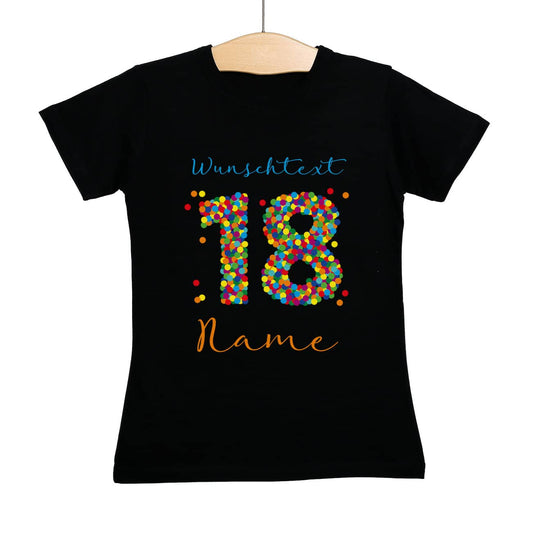 Damenshirt zum 18. Geburtstag mit großer Konfetti-Zahl