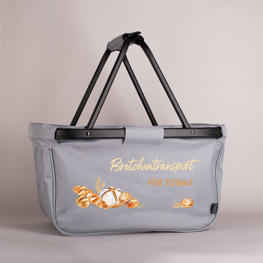 Persönlicher Einkaufskorb mit Backwaren-Motiv und Wunschtext bedruckt