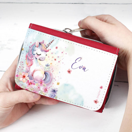 Kinder-Geldbörse mit Einhorn-Motiv, Blumen und Name