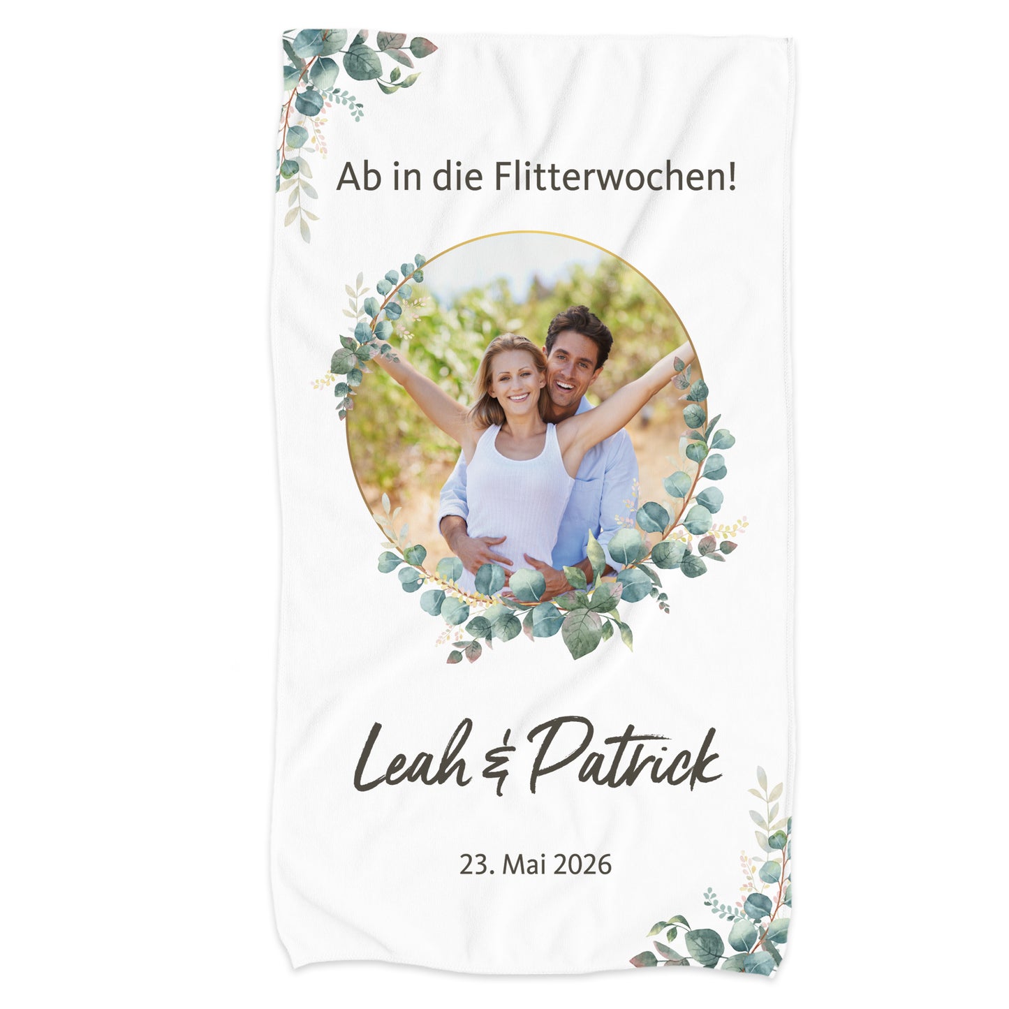 Personalisiertes Handtuch mit Eukalyptus-Design freigestellt auf weißem Hintergrund – ideal zur Shop-Darstellung.
