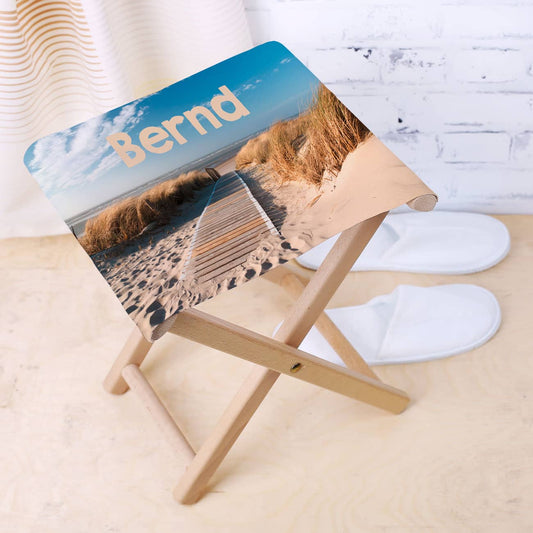 Strandhocker bedruckt mit Wunschtext und Meer-Motiv