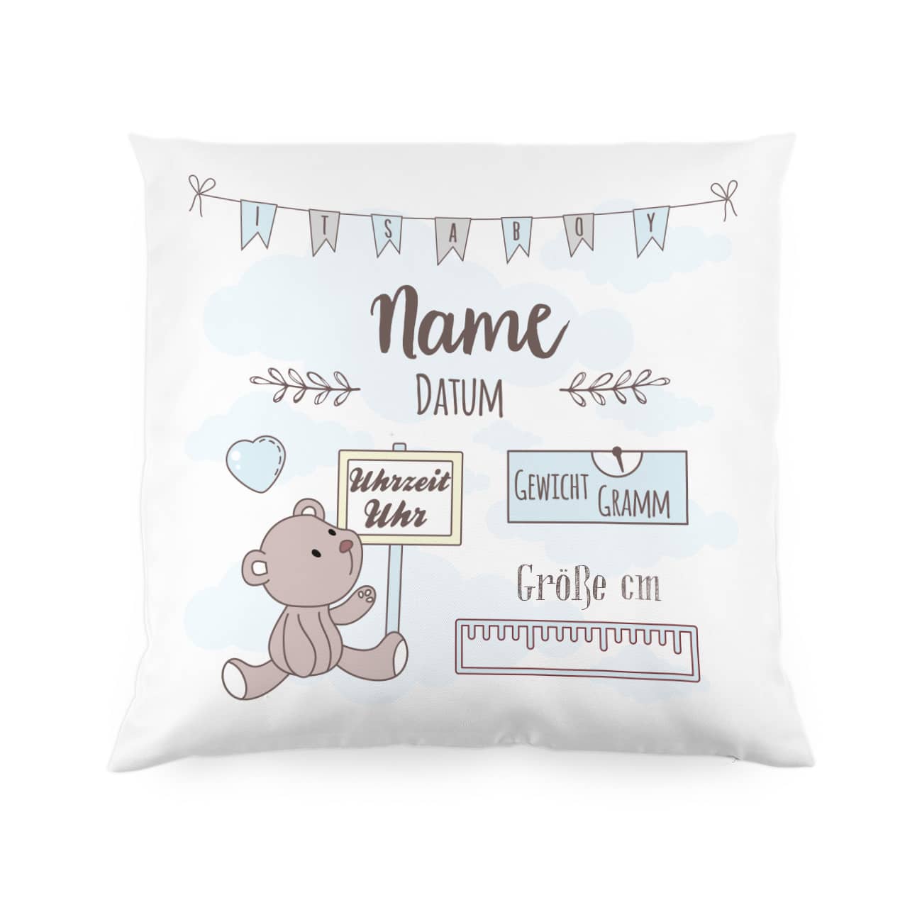 Kissen zur Geburt mit Teddy und Geburtsangaben
