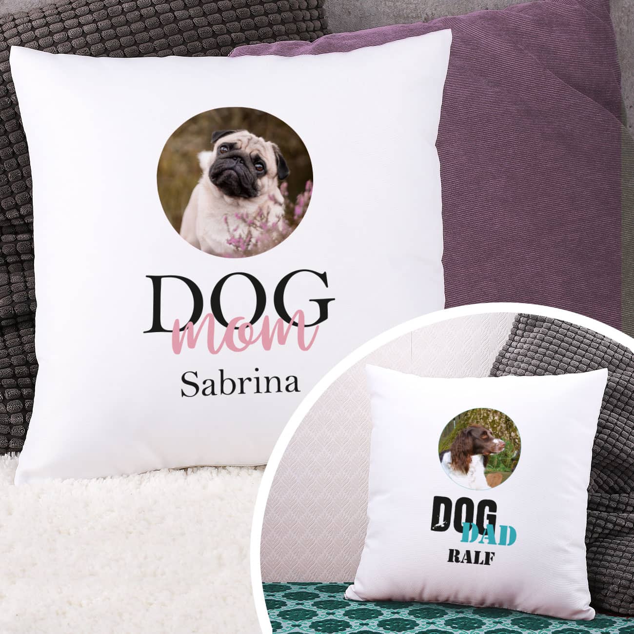 Persönliches Fotokissen für Hundebesitzer mit Ihrem Wunschbild und einem Namen bedruckt