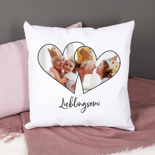 Fotokissen mit zwei Herzen und Wunschtext