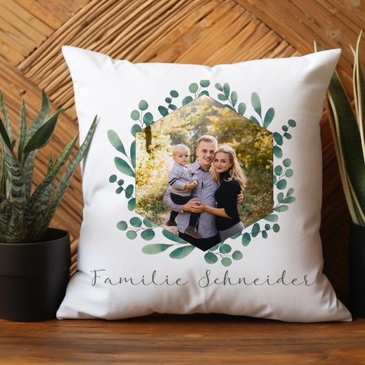 Kissen mit Ihrem Familienfoto und Wunschtext | Motiv: Eukalyptuskranz