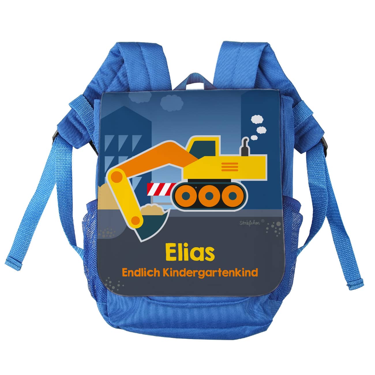 Kinderrucksack mit Bagger, Name und Wunschzeile