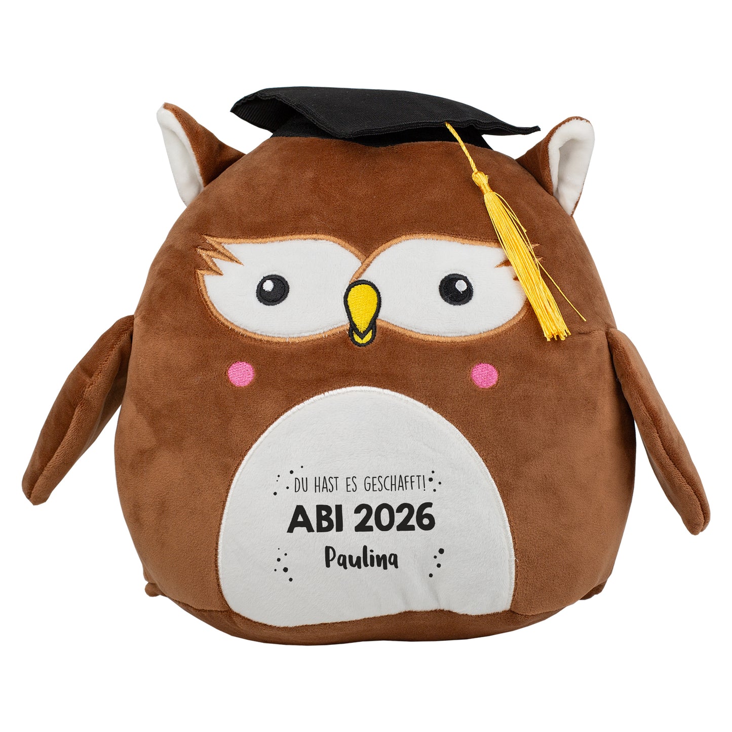 Freigestellte Abi-Eule mit Wunschtext auf weißem Hintergrund