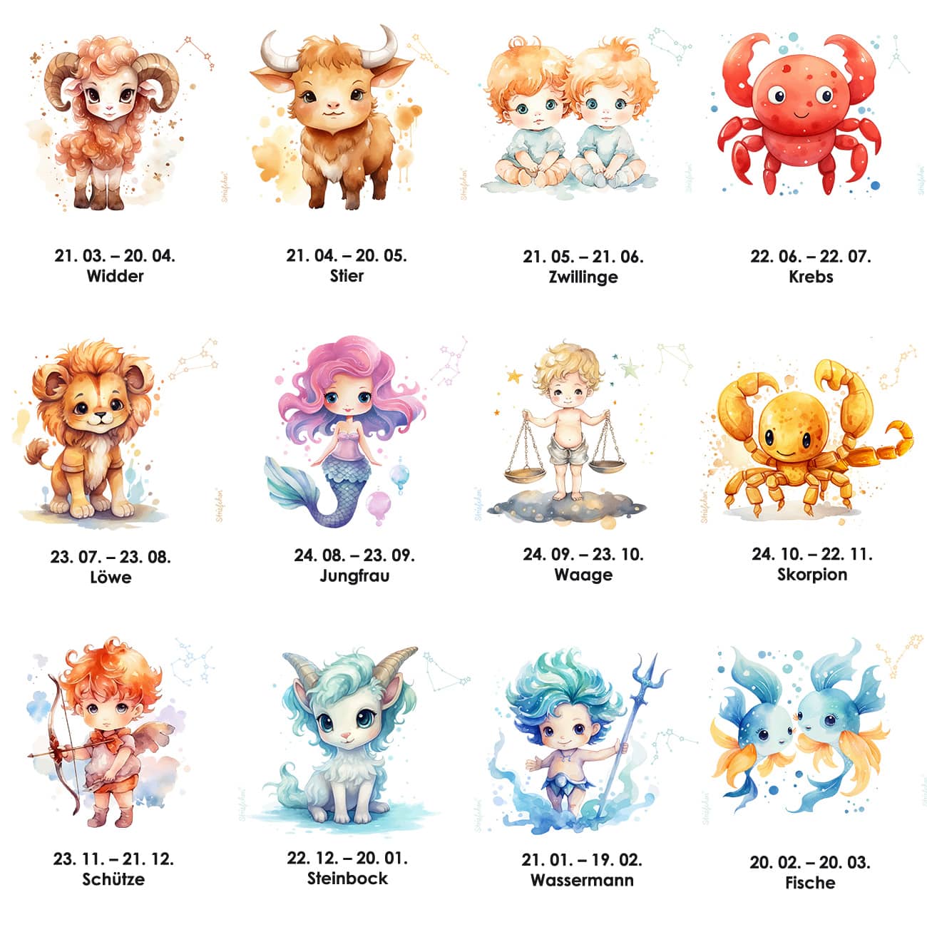 Weiß/blaues Lätzchen mit Sternzeichen, Name und Datum