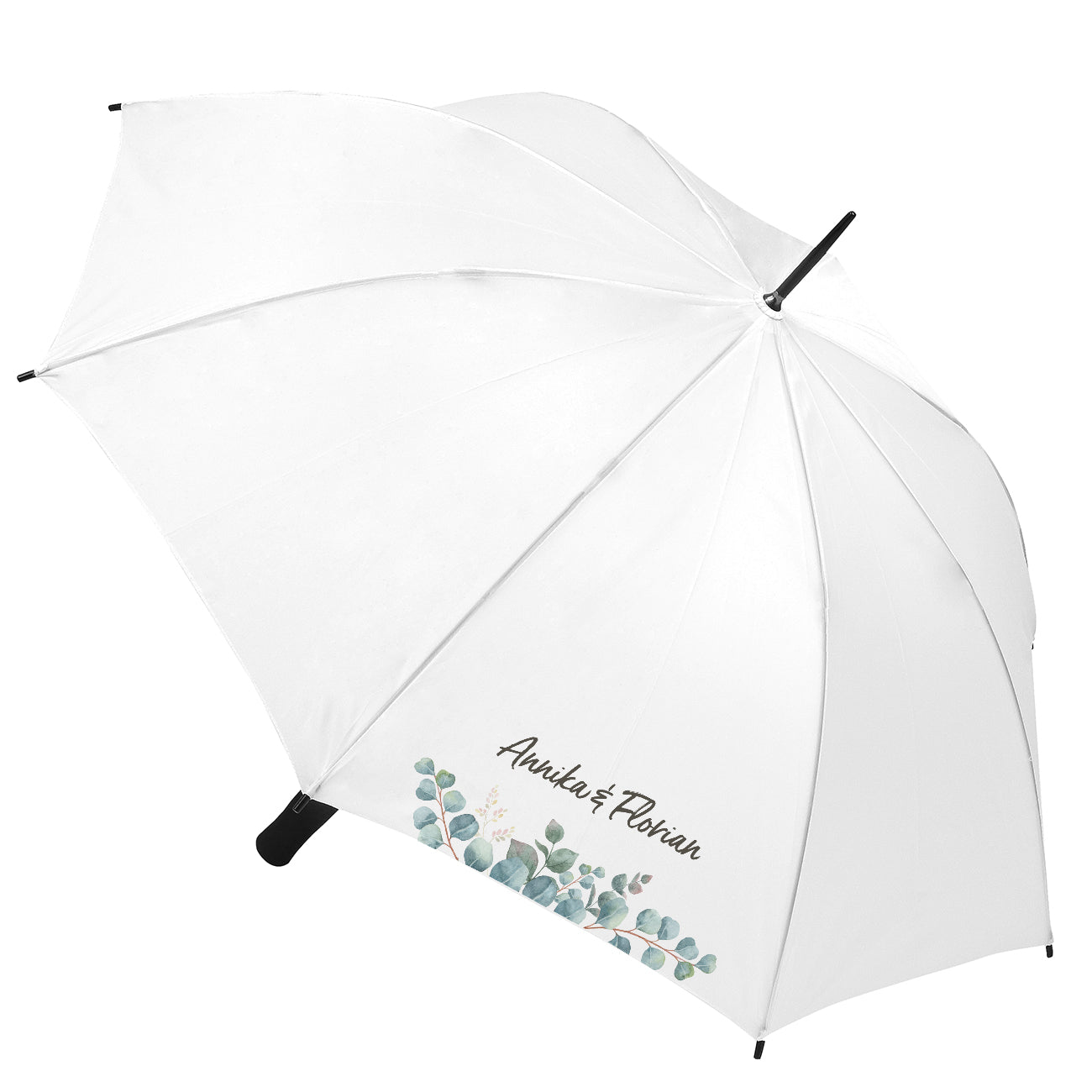 Weißer Schirm mit Eukalyptusmotiv und Namen persönlich bedruckt