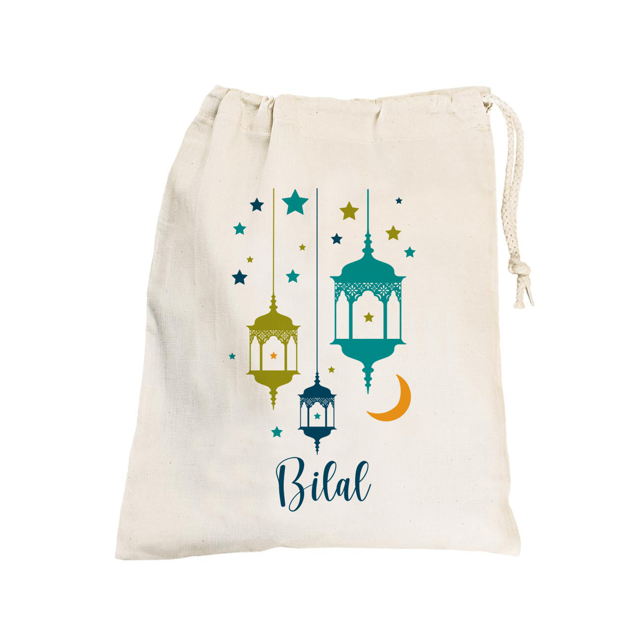 Kleiner Eid Geschenksack mit Laternen und Text, Farbe blau, 25x32 cm
