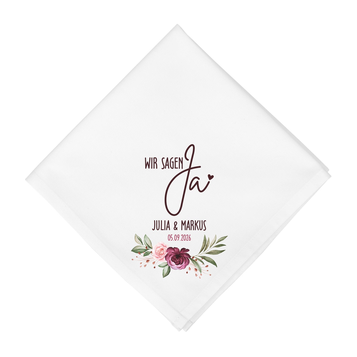Detailansicht Stoffserviette Hochzeit mit Blumenmotiv Wir sagen Ja und personalisiertem Druck