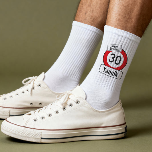 Bedruckte Socken mit Verkehrszeichenmotiv, Name und Alter
