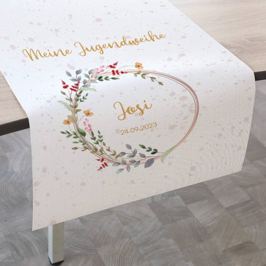 Personalisierte Tischdekoration mit Wildblumenmotiv im Watercolor-Stil mit Name und Datum