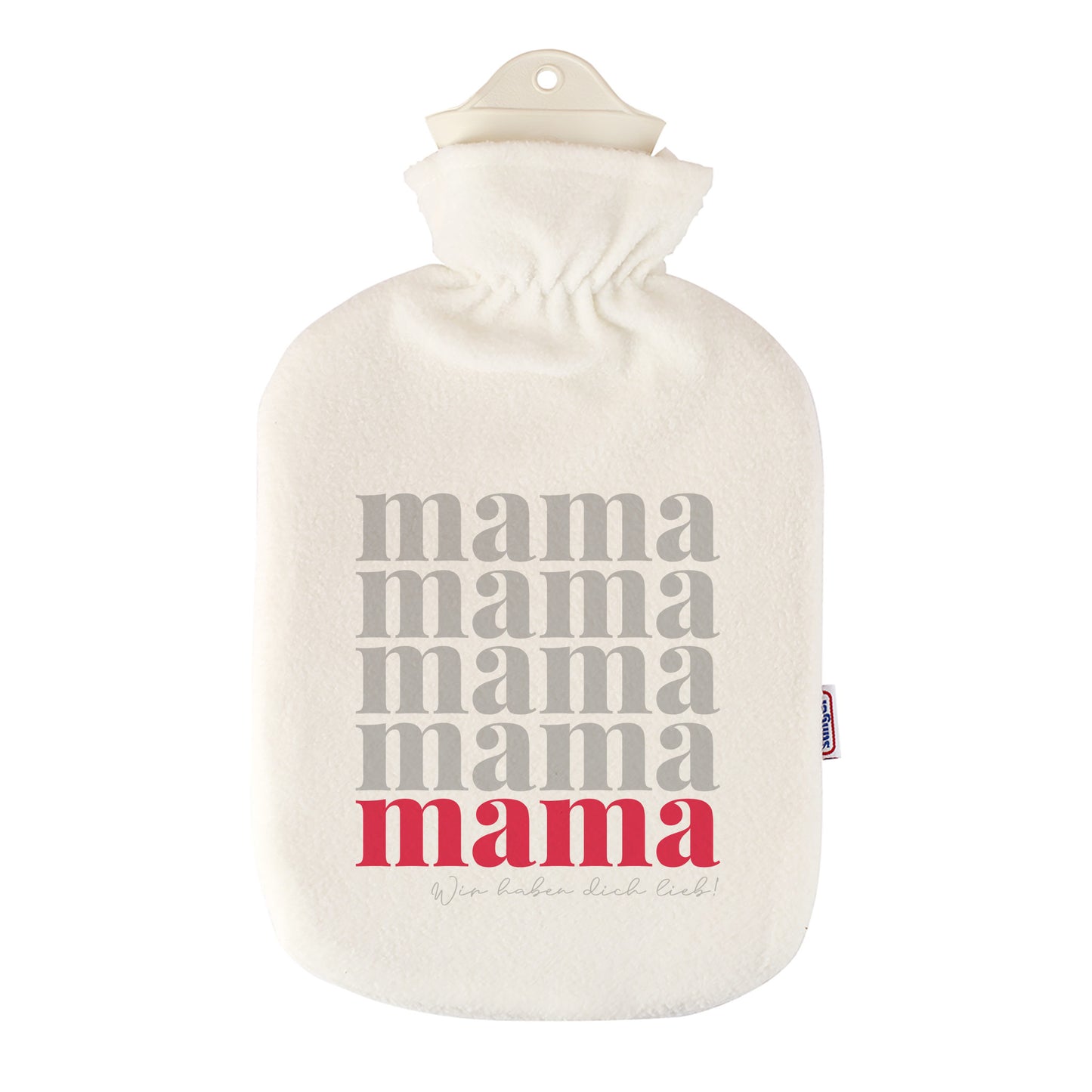 Personalisierte Wärmflasche mit Fleece-Bezug und Schriftzug Mama in Weiß