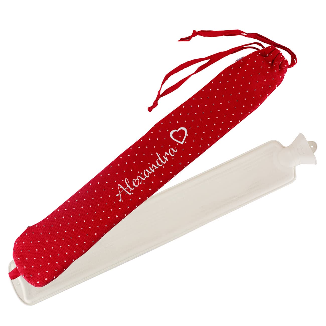 Schlauch-Wärmflasche mit Name und Herz bestickt