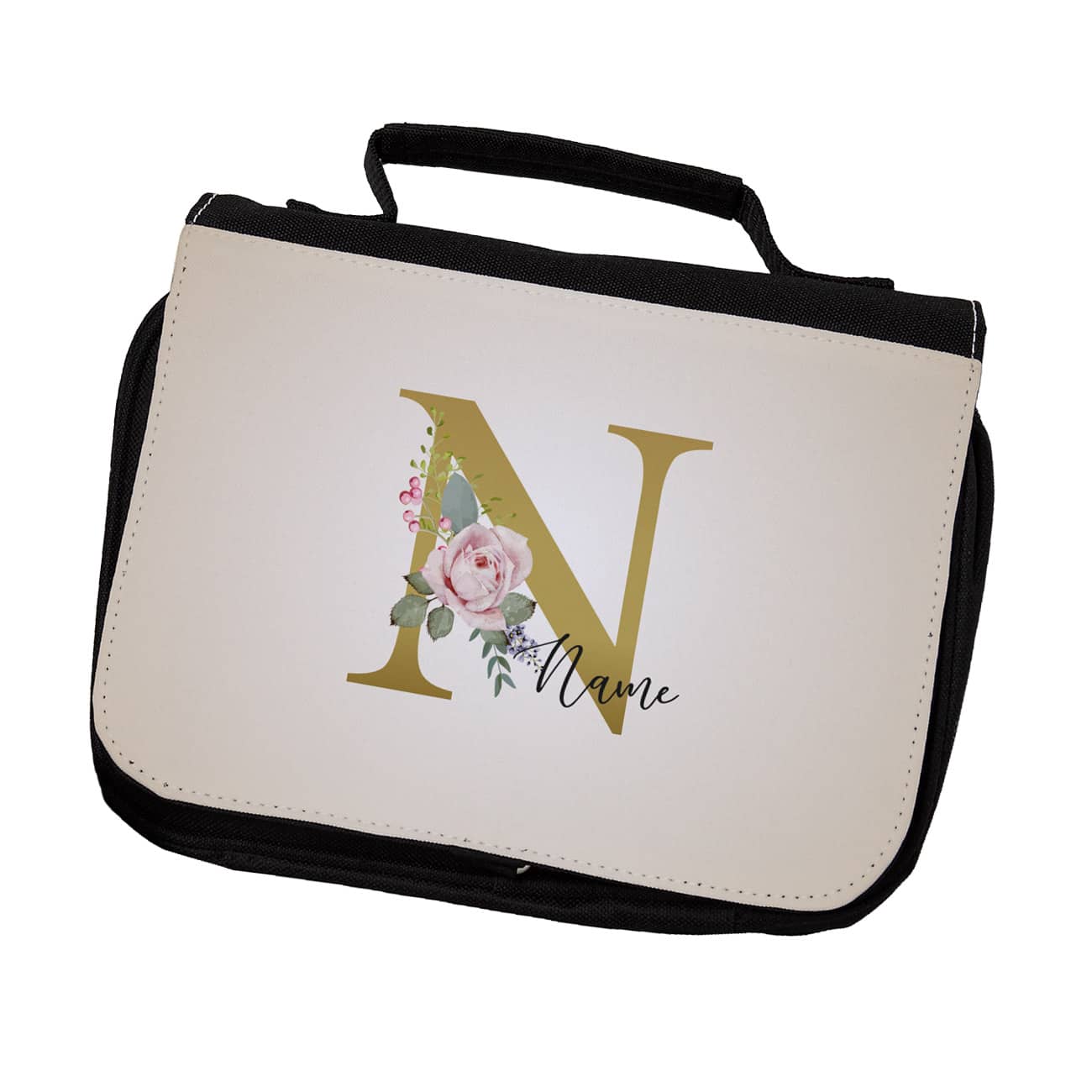 Waschtasche mit persönlichem Aufdruck aus Rosen-Monogramm und Name