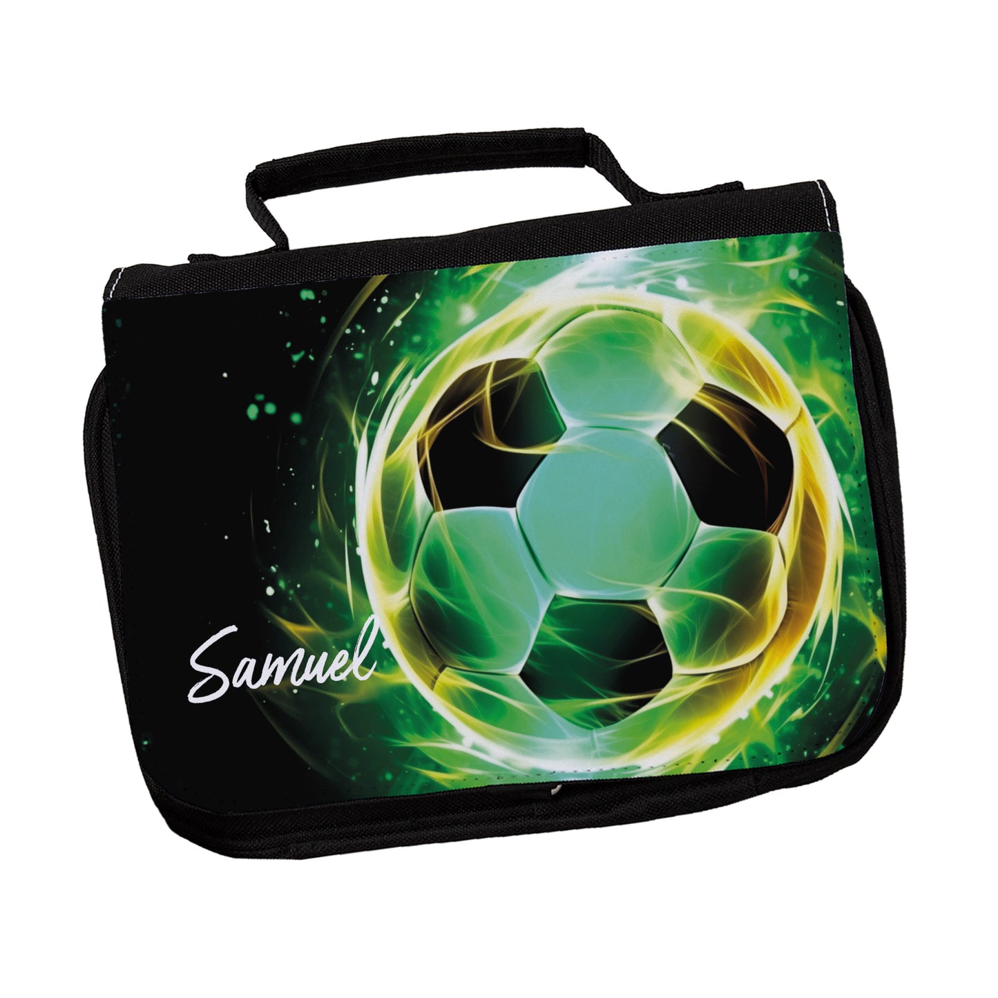Coole Fußball-Waschtasche mit Name Samuel auf weißem Untergrund