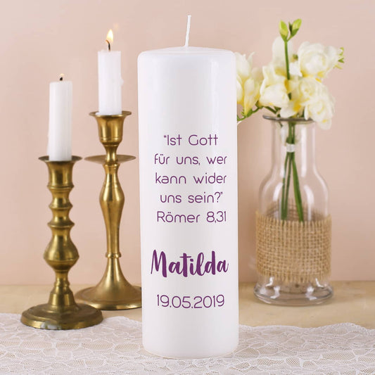 Konfirmationskerze - mit Name, Datum und Wunschtext in violett