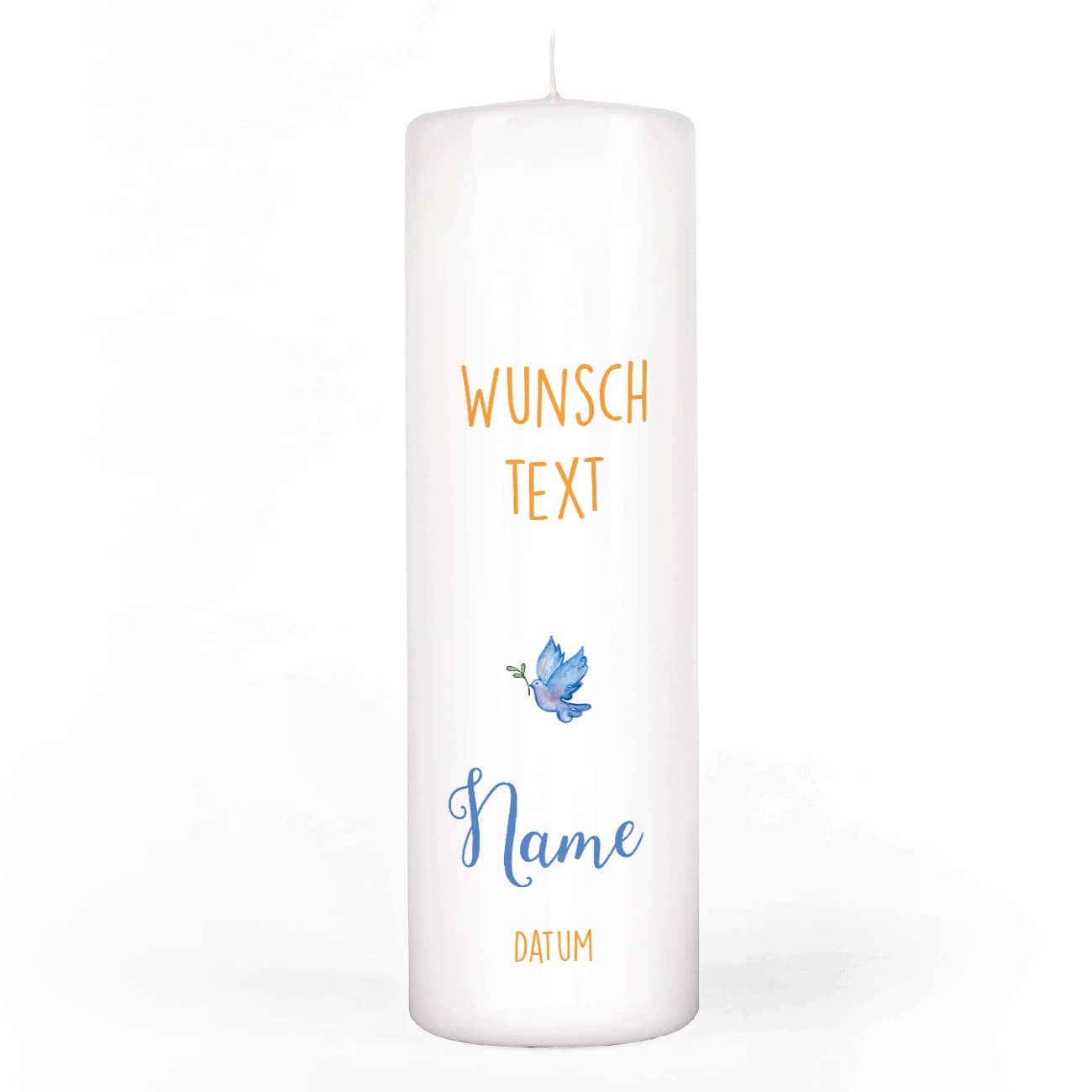 Kerze zur Taufe mit Taube und Oelzweig