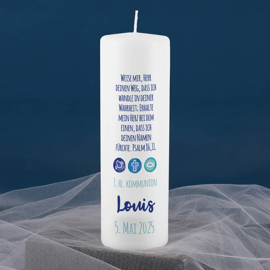 Kommunionkerze in Blau - Liebe, Hoffnung, Glaube mit Name und Datum