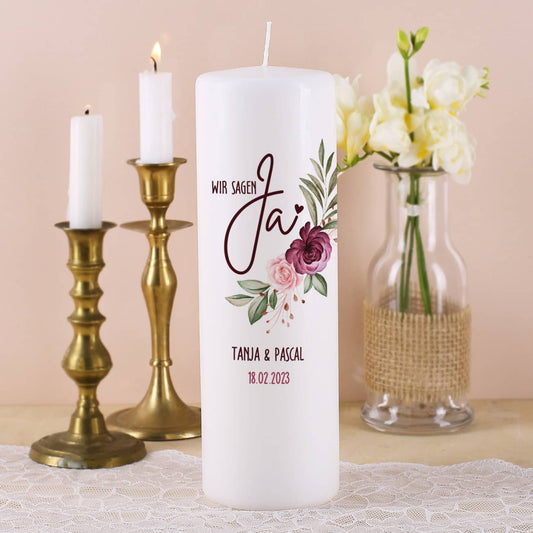 Wir sagen Ja! - Hochzeitskerze mit Namen und Datum