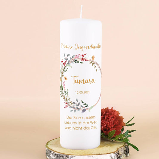 Personalisierte Kerze zur Jugendweihe mit Name, Datum der Feier und Wunschtext
