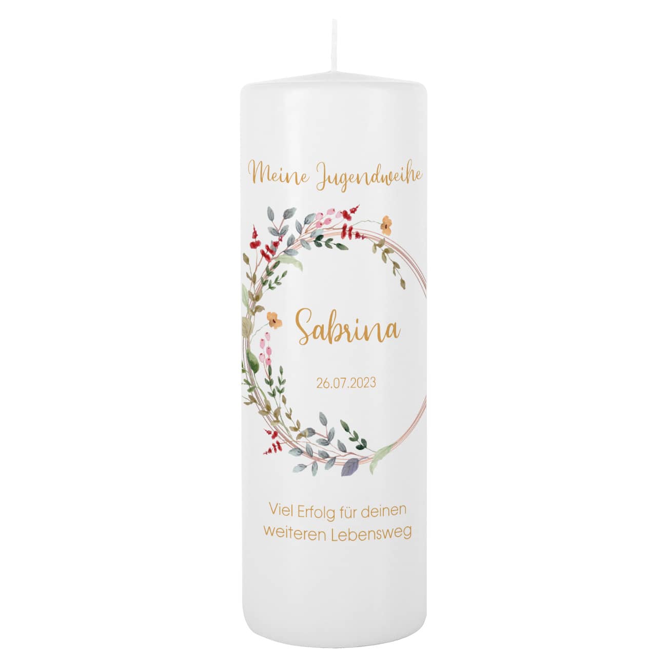 Weiße Kerze zur Jugendweihe mit Wildblumenmotiv im Watercolor-Stil