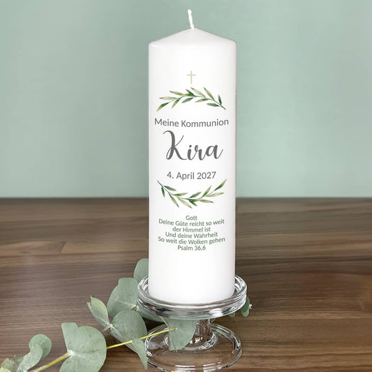 Kommunionkerze mit Zweigen, Name, Datum & Wunschtext beidseitig bedruckt