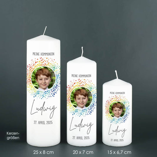 Kommunionkerze mit Foto im Regenbogen-Kreis, 4 Größen