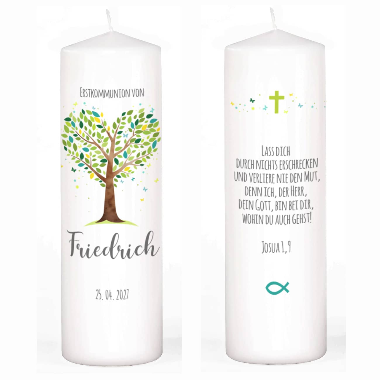 Kommunionkerze Lebensbaum für Jungen mit Name, Datum & Wunschtext