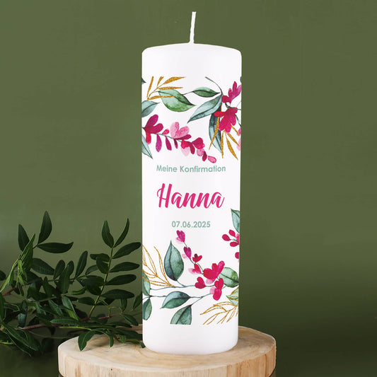 Große Kerze mit Blumenmotiv zur Taufe, Kommunion oder Konfirmation
