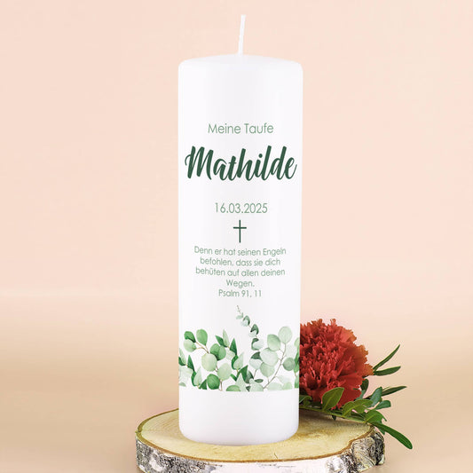 Kerze mit Eukalyptusmotiv zur Taufe, Kommunion oder Konfirmation
