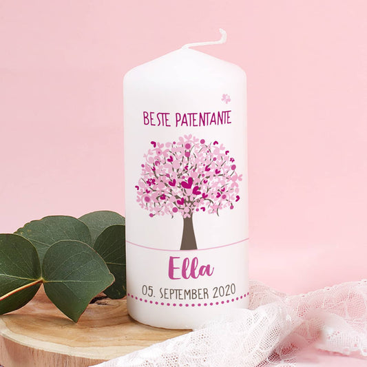 Patenkerze mit rosa Lebensbaum